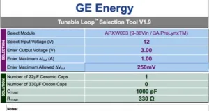 El calculador Tunable Loop Excel de GE Energy se usa para seleccionar los valores óptimos de condensador de salida para sus convertidores PoL.