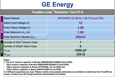 El calculador Tunable Loop Excel de GE Energy se usa para seleccionar los valores óptimos de condensador de salida para sus convertidores PoL. 