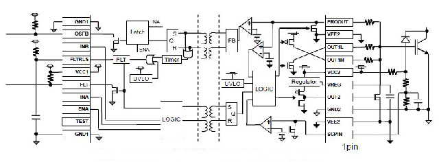 Figura 2: Controlador de puerta BM6104 de ROHM, diagrama de circuito típico con protección contra desaturación de los IGBT en caso de sobrecarga 