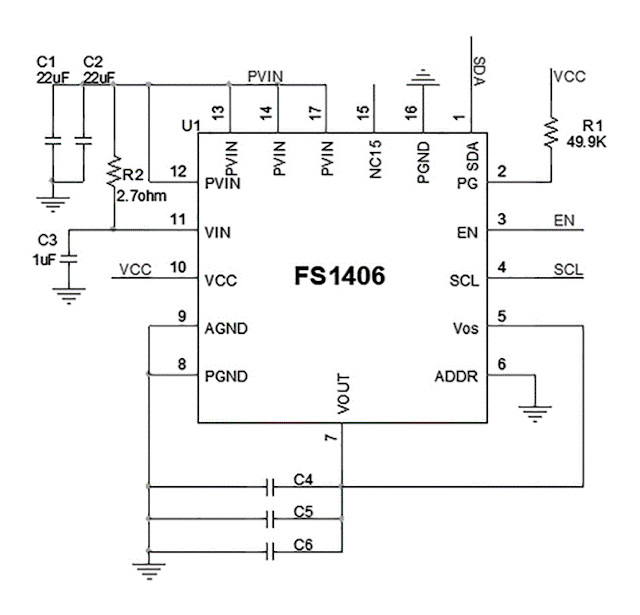 Figura 6: El TDK FS1406 µPOL en una aplicación típica 