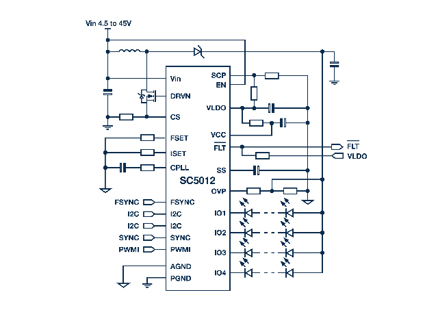 Figura 4: circuito de aplicación típico para el controlador de LED Semtech 5012.