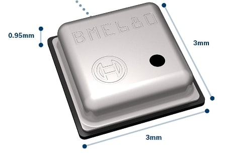 Figura 4: El sensor medioambiental integrado Sensortec BME680 de Bosch para dispositivos móviles y vestibles es un dispositivo casi invisible de 3×3 mm con una tapa metálica, que incluye en el interior de la unidad un conjunto de sensores y funciones de calibración y de E/S. (Fuente: Bosch Sensortec)
