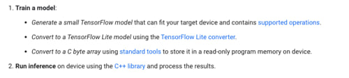 Proceso del flujo de trabajo en TensorFlow Lite para microcontroladores (fuente: TensorFlow.org)