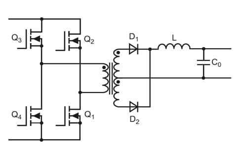 Esquema simplificado de un convertidor CC/CC full-bridge con aislamiento.