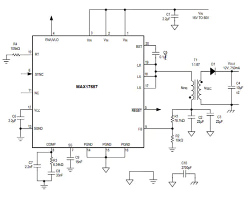 Con una alimentación de entre 16 y 60 V, el CI de controlador flyback sin optoacoplador Maxim MAX17687 puede crear una salida de 12 V/750 mA (fuente: Maxim).