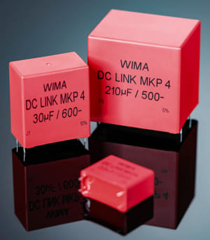 Los condensadores DC link ofrecen alta capacitancia de volumen y excelentes capacidades de healing. Las unidades MKP 4 de WIMA cumplen los requisitos de la calificación AEC-Q2000. 