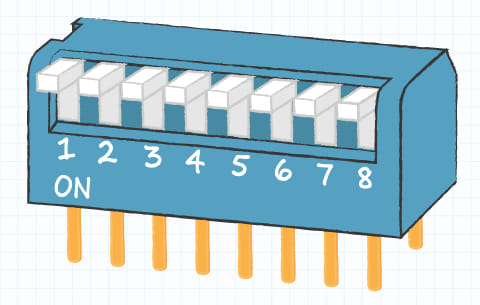 Ejemplo de un interruptor DIP común de piano de 8 posiciones