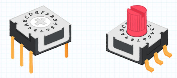 Ejemplo de interruptores DIP rotativos comunes con actuador plano o elevado